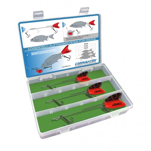Spezial-Köderfisch- Auftriebssystem sortiert in Box 10,14 und 18 cm für Köderfische zwischen 7,0-13,5 cm